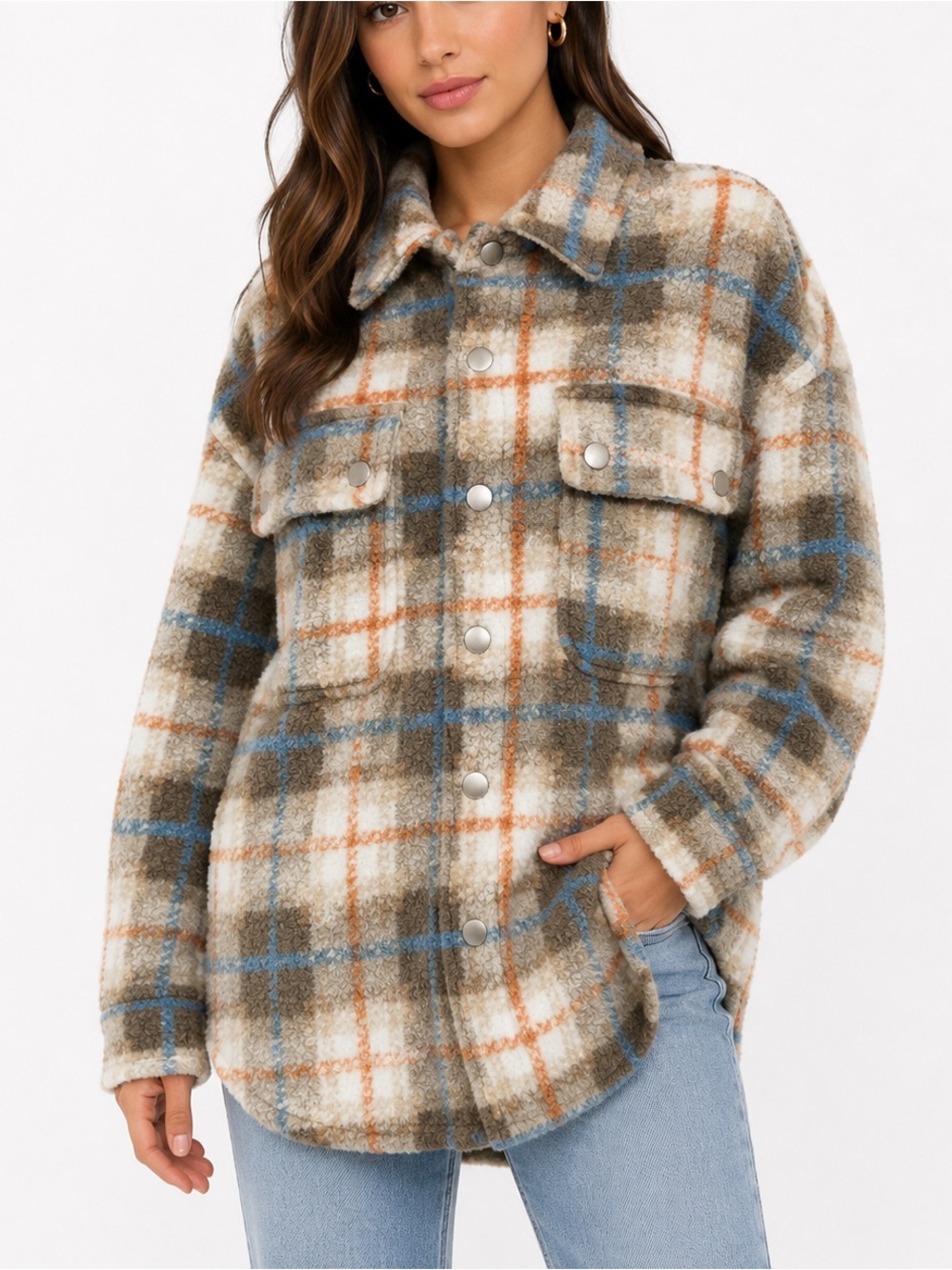 Dance & Marvel Cream Plaid Boucle Shacket Jacket Size S